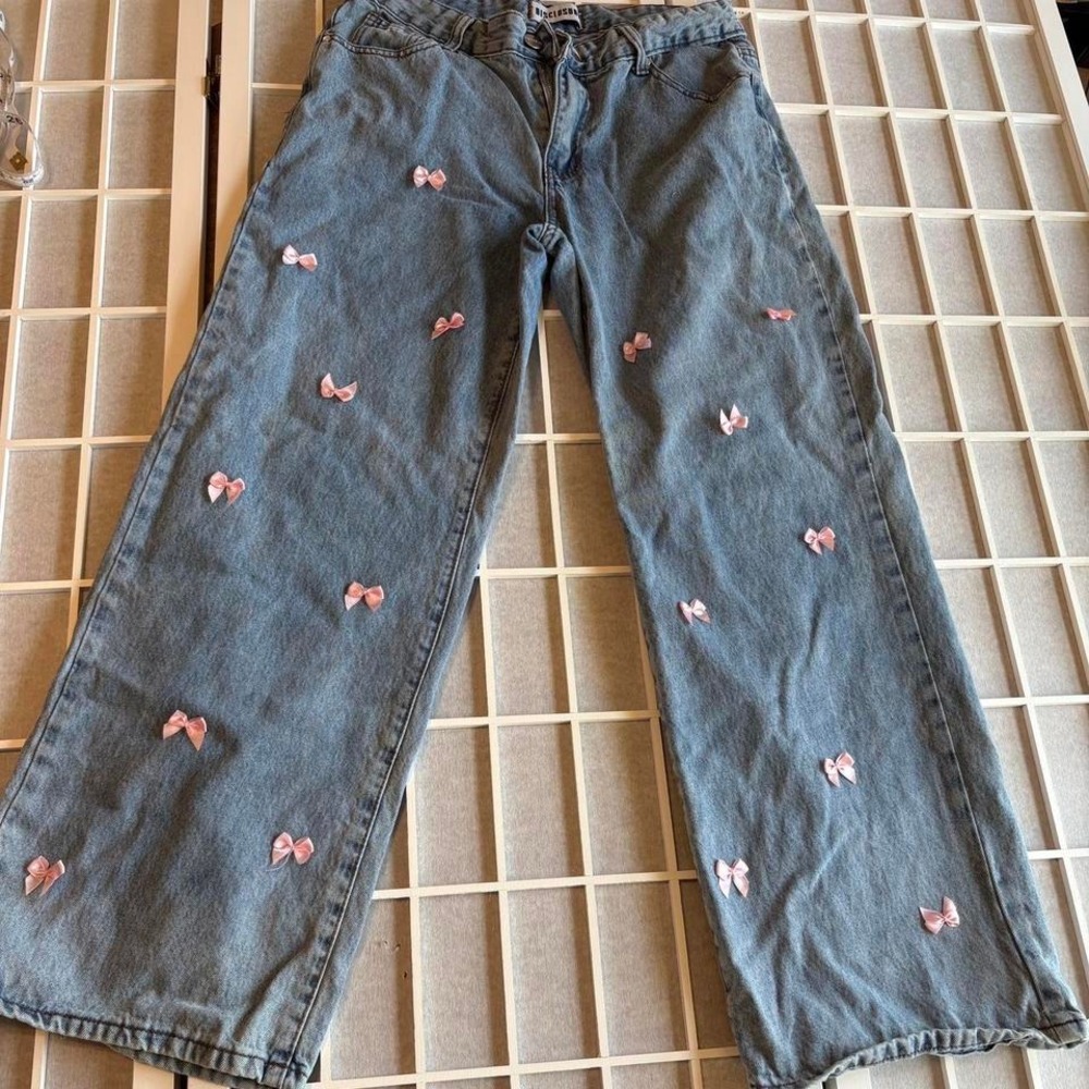 Discourse Kawaii innocent bow denim jeans‎ with pink bows size 9 Croquette